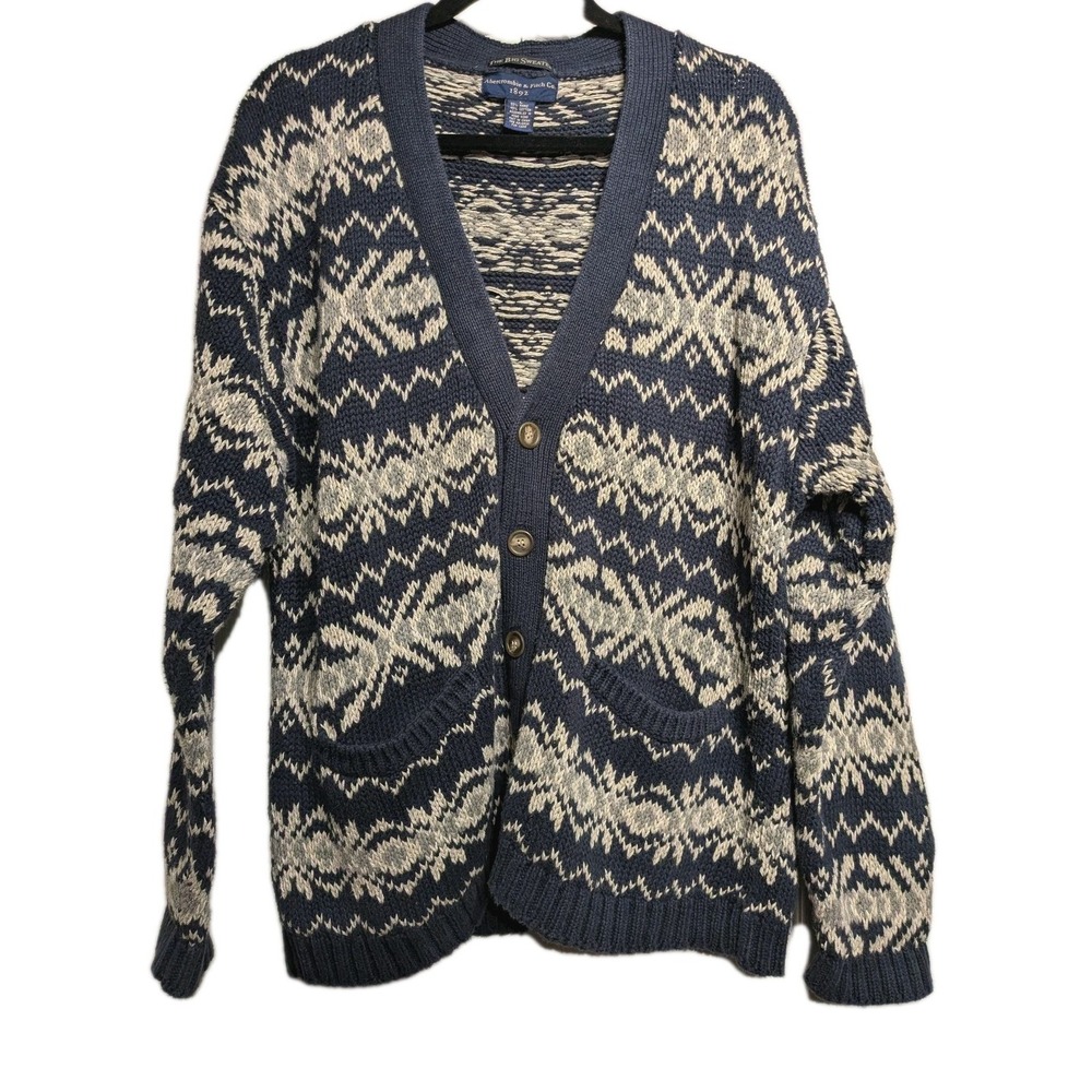 Vtg Abercrombie & Fitch Big Sweater Men L Fair Isle Button Vneck Cardigan Pocket